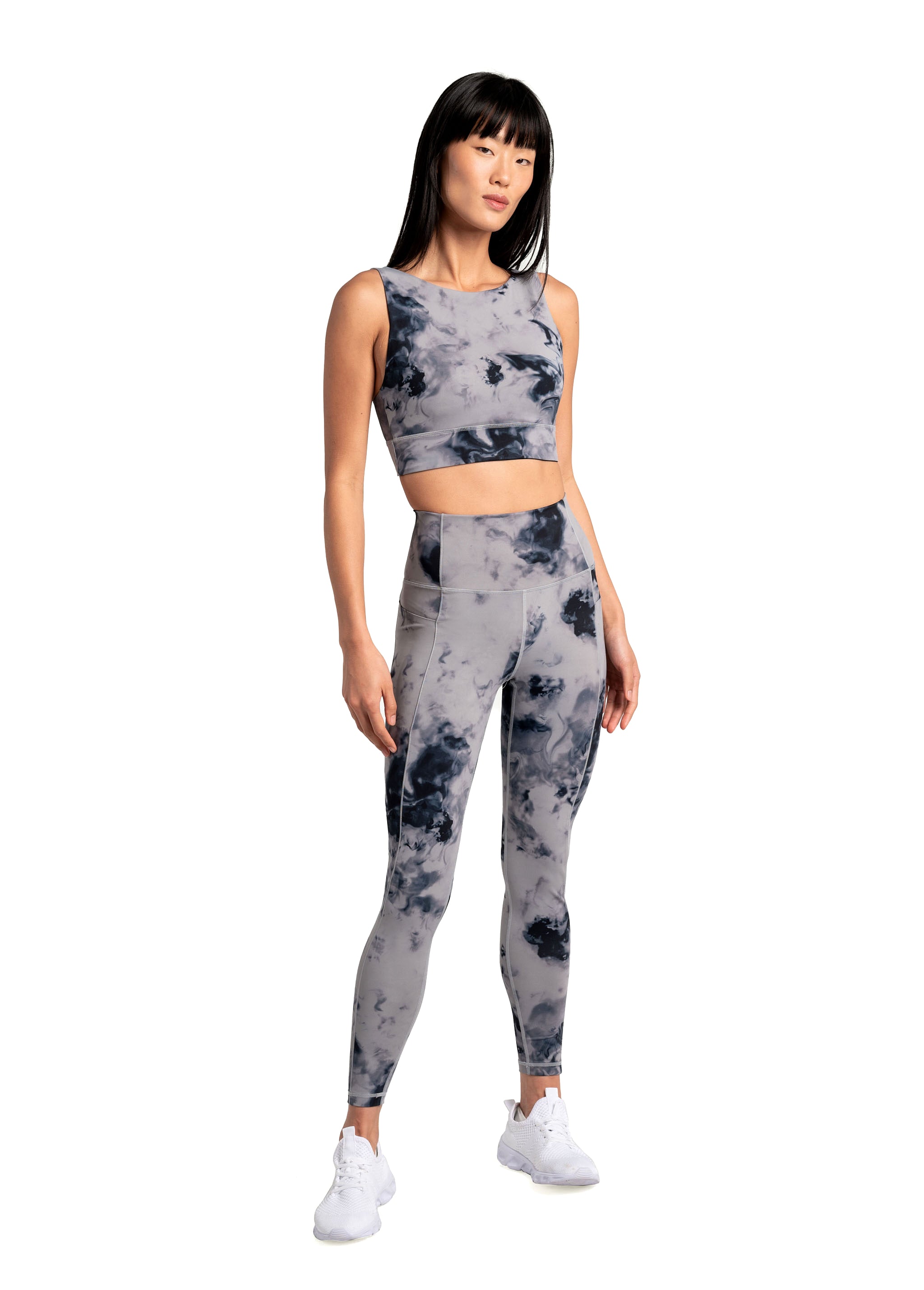 Lolë Step Up Bra in grey watercolour print — this high-support longline sports bra sets you in motion
