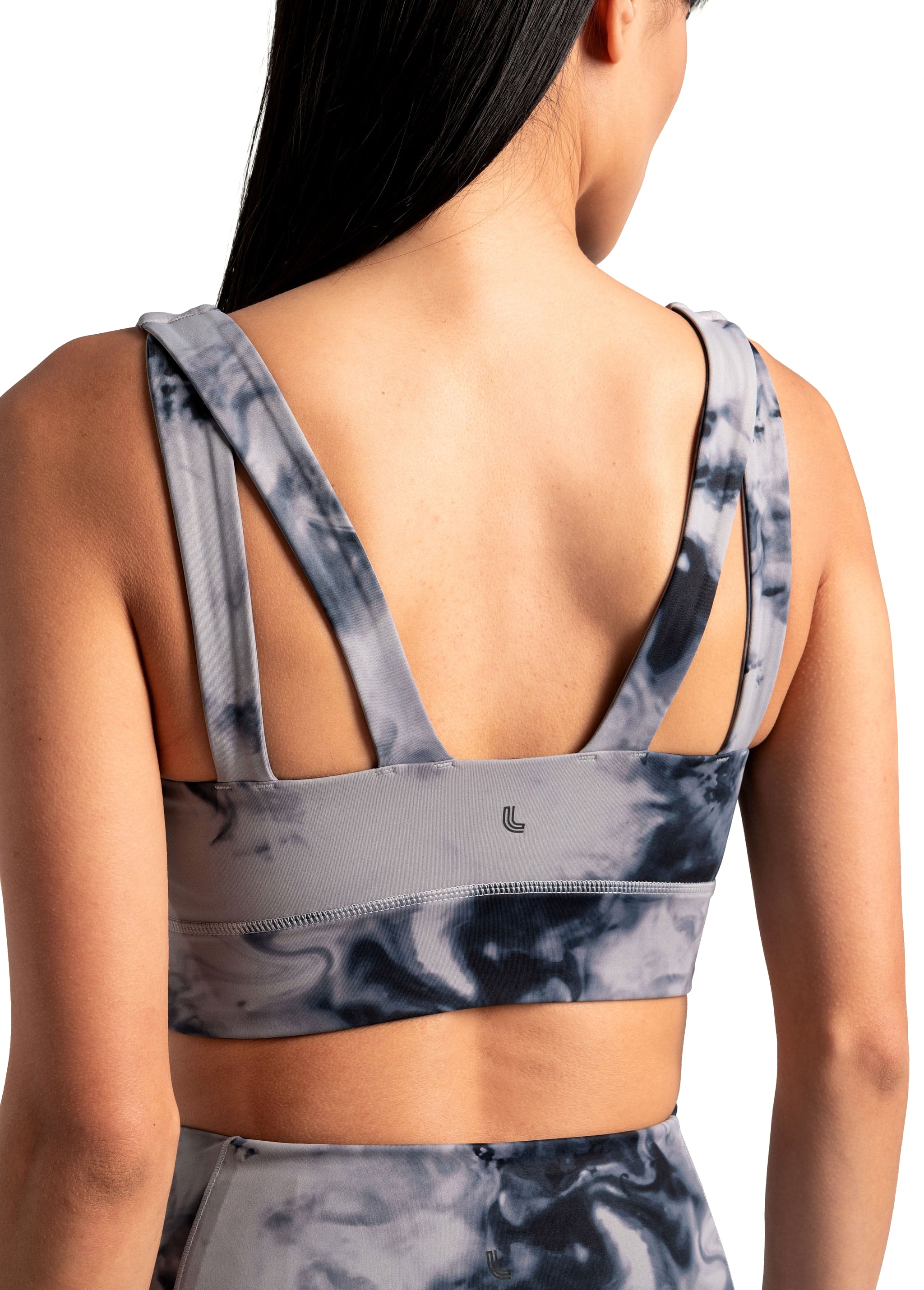 Lolë Step Up Bra in grey watercolour print — this high-support longline sports bra sets you in motion