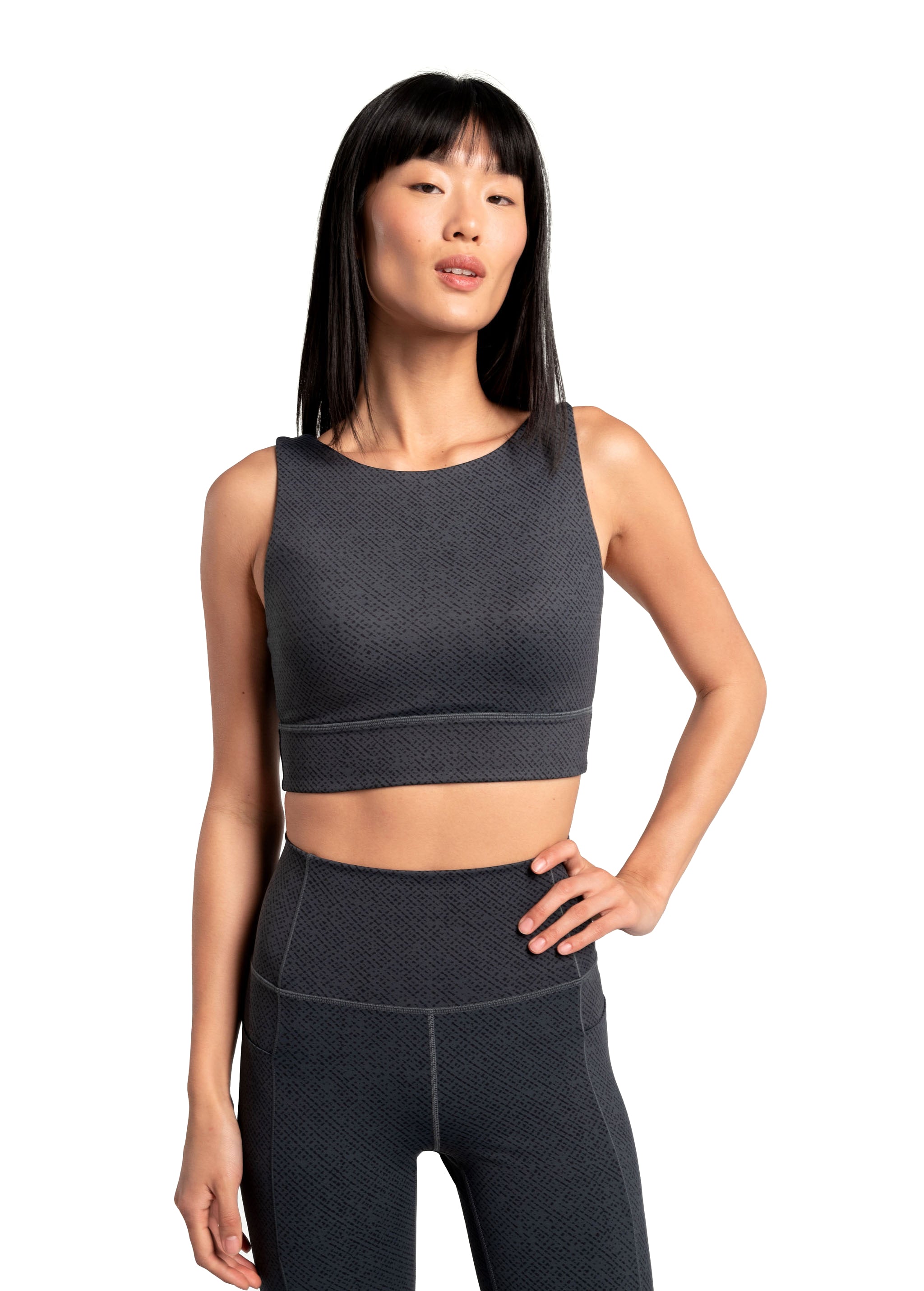 Lolë Step Up Bra in charcoal — this high-support longline sports bra sets you in motion