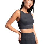 Lolë Step Up Bra in charcoal — this high-support longline sports bra sets you in motion