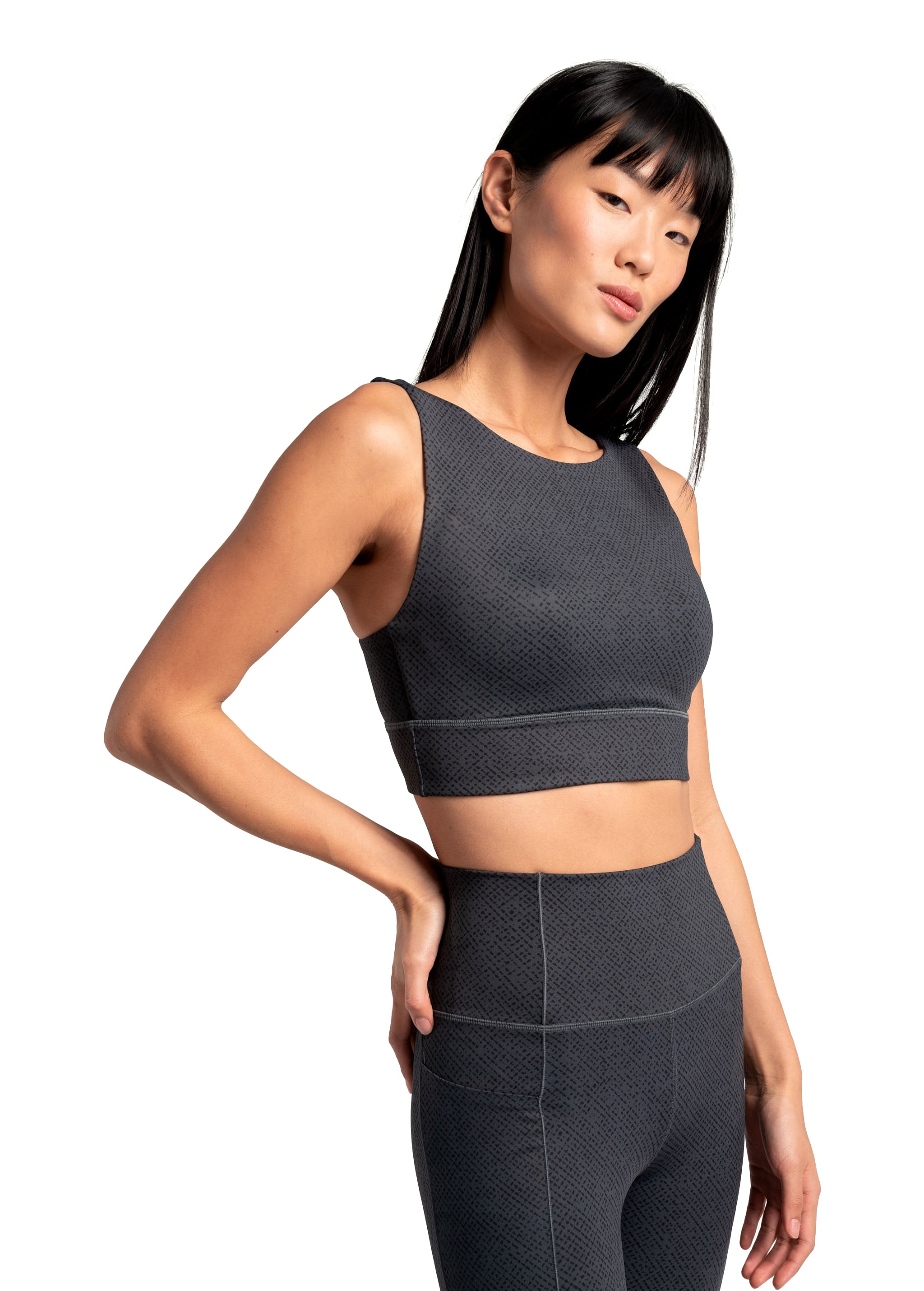 Lolë Step Up Bra in charcoal — this high-support longline sports bra sets you in motion
