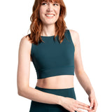 Lolë Step Up Bra in emerald — this high-support longline sports bra sets you in motion