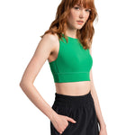 Lolë Step Up Bra in Jade green — this high-support longline sports bra sets you in motion