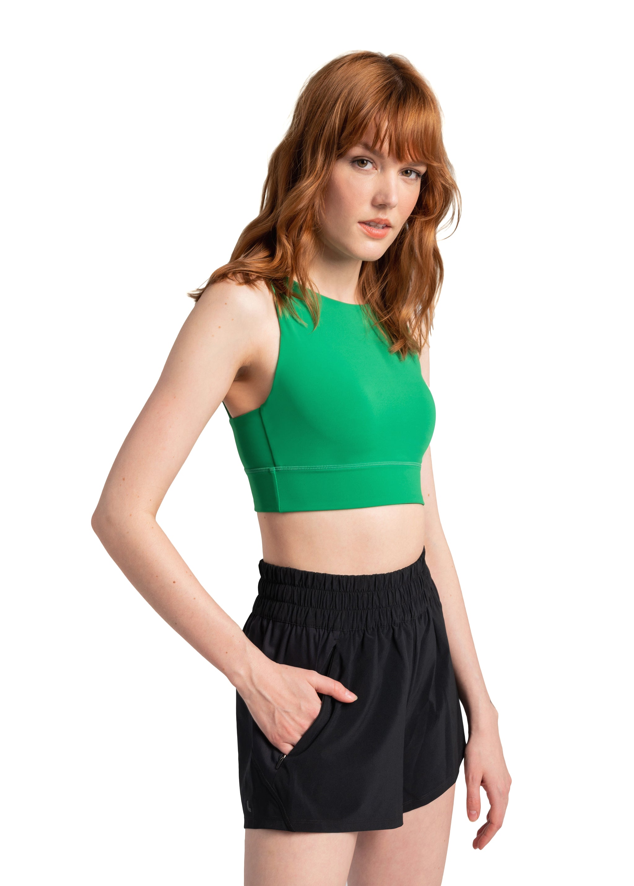 Lolë Step Up Bra in Jade green — this high-support longline sports bra sets you in motion
