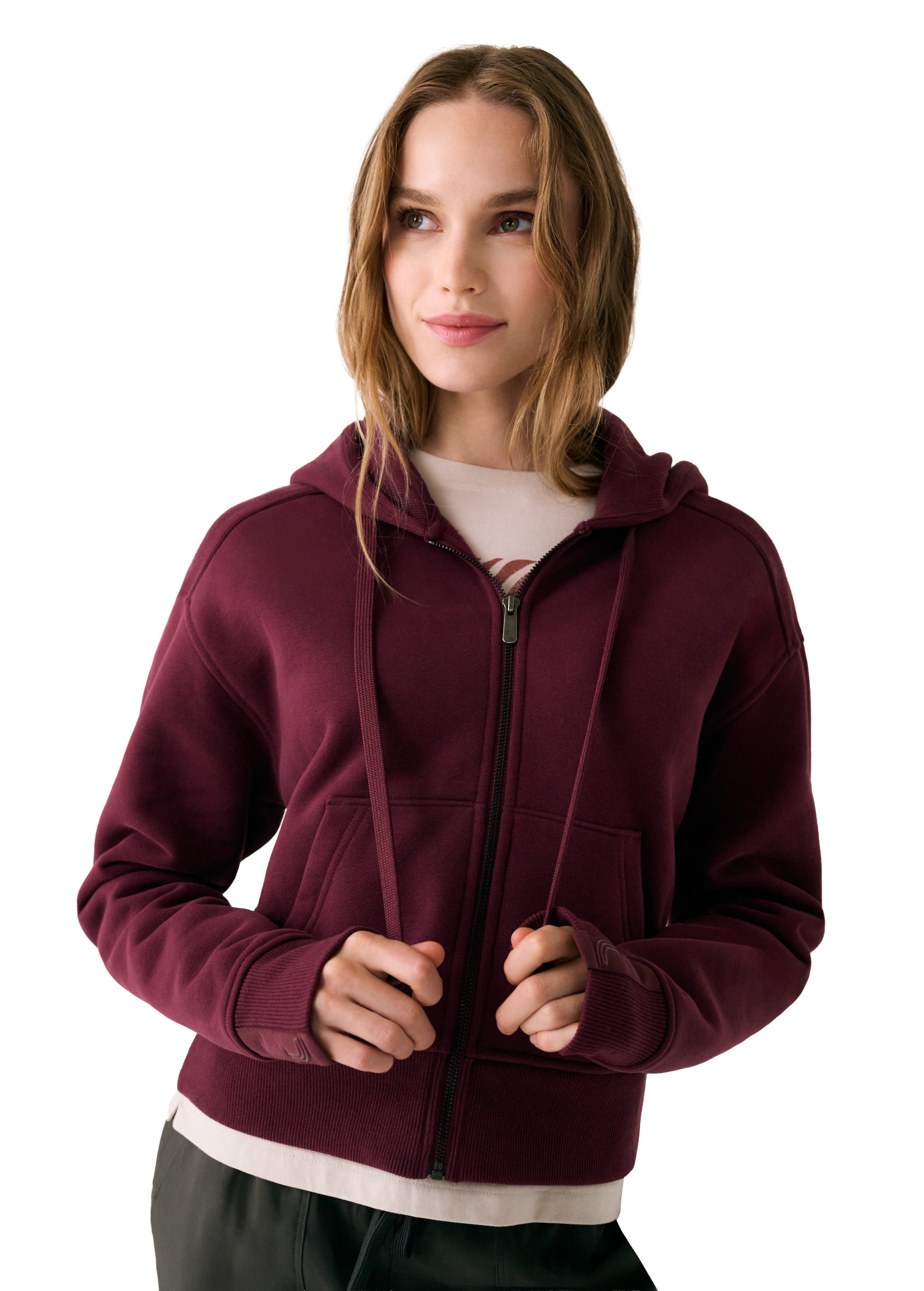 Lolë Yonder Full Zip Hoodie in burgundy — cropped and cozy, the Yonder Hoodie is your cold-weather comfort zone