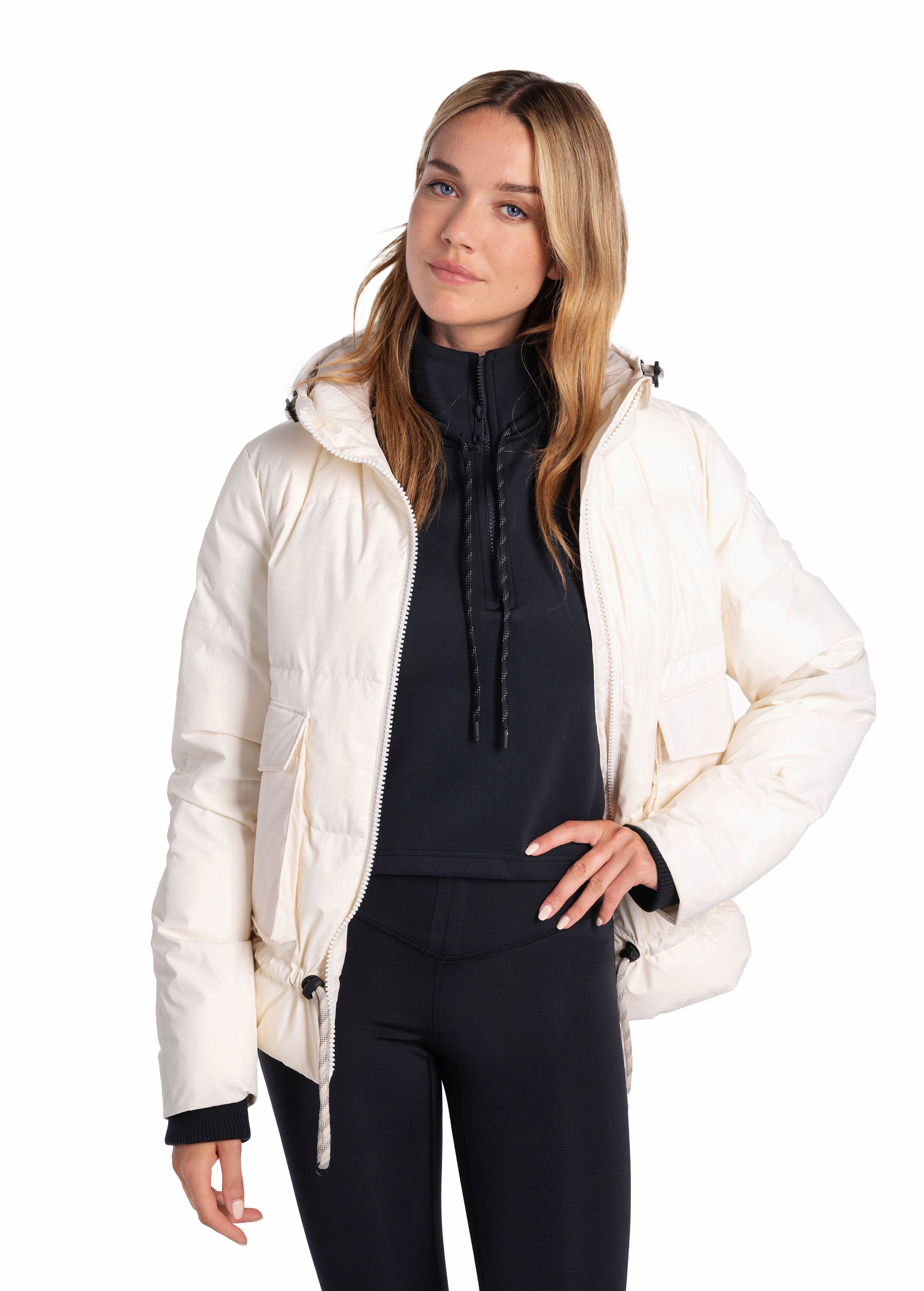 Lolë Kylee Synth Down Jacket in Gardenia cream — complete with an inner pocket, in a relaxed silhouette