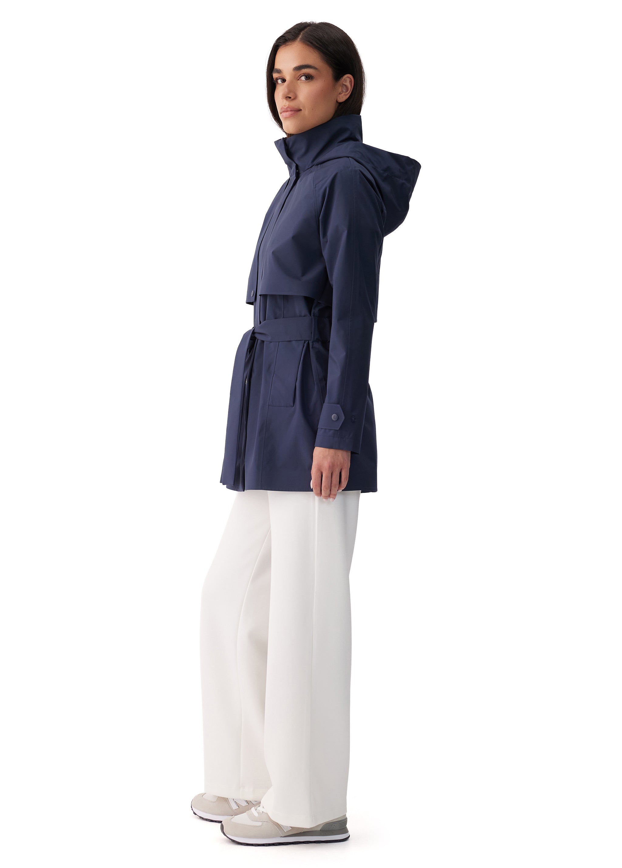 Lolë Alizé Short Trench Coat in Outerspace navy — fit note: Cut with a relaxed fit for comfortable layering