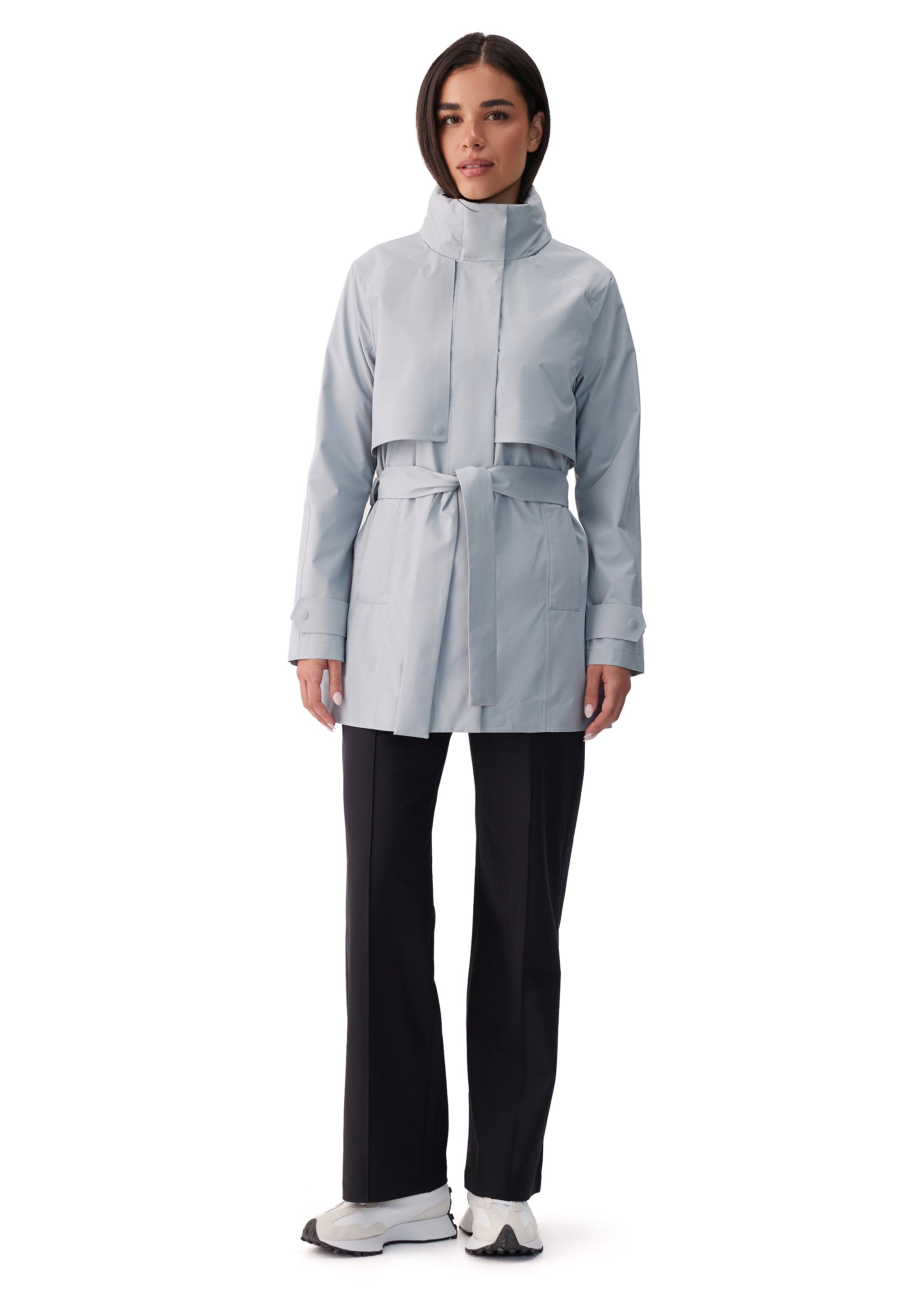Lolë Alizé Short Trench Coat in Steel light grey — fit note: Cut with a relaxed fit for comfortable layering