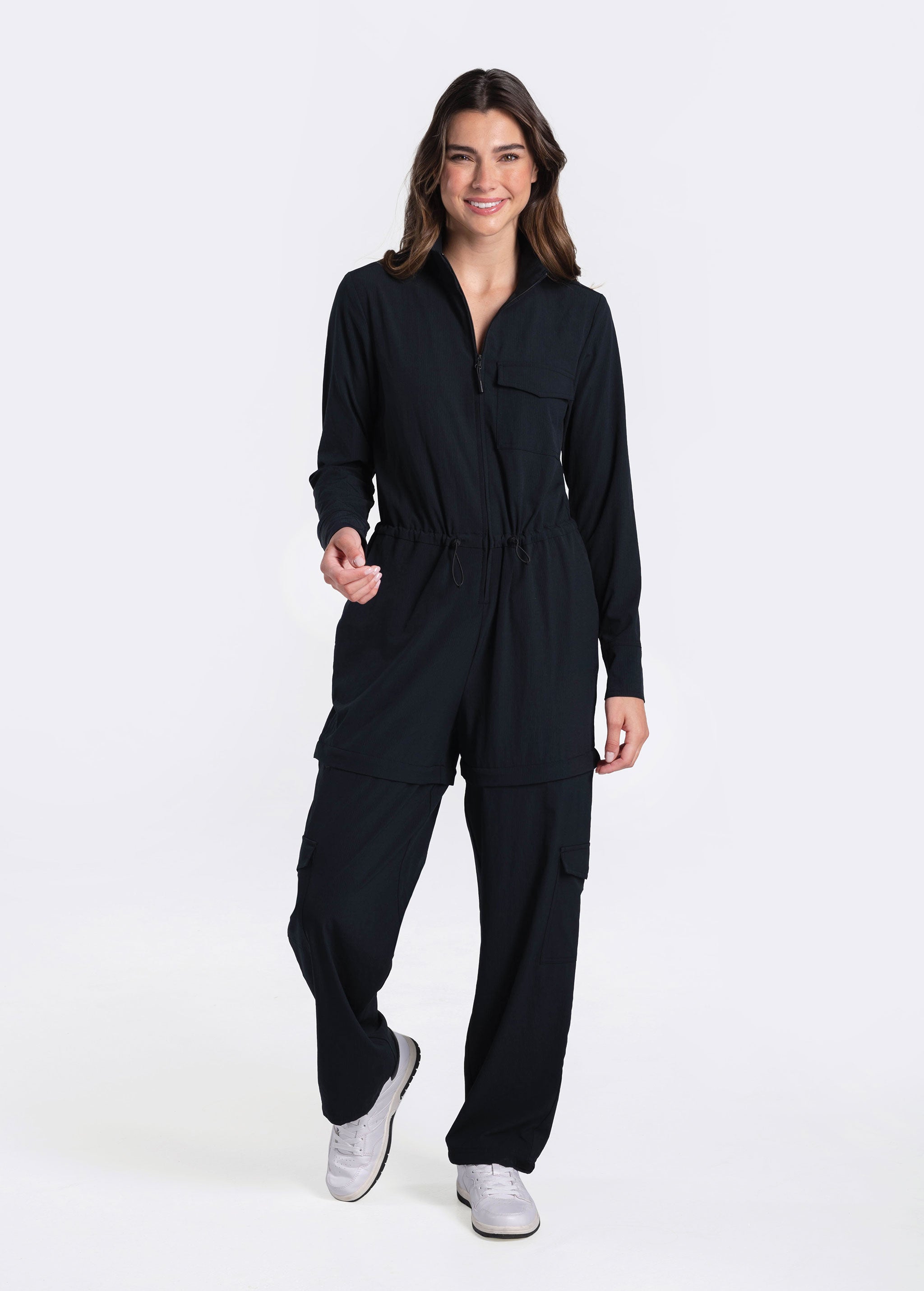 Lolë Forillon Jumpsuit in black — the Forillon long sleeve Jumpsuit is the ultimate packing piece