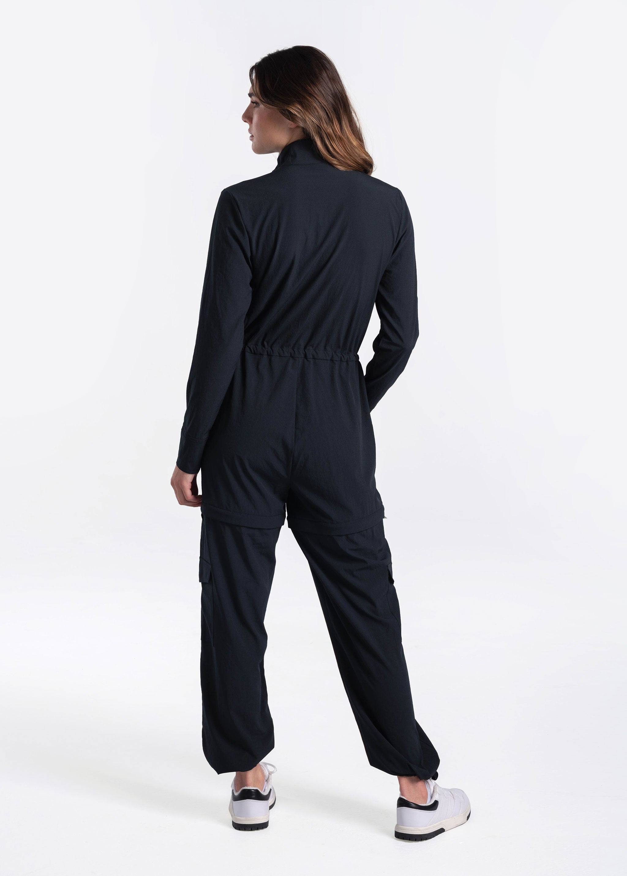 Lolë Forillon Jumpsuit in black — the Forillon long sleeve Jumpsuit is the ultimate packing piece