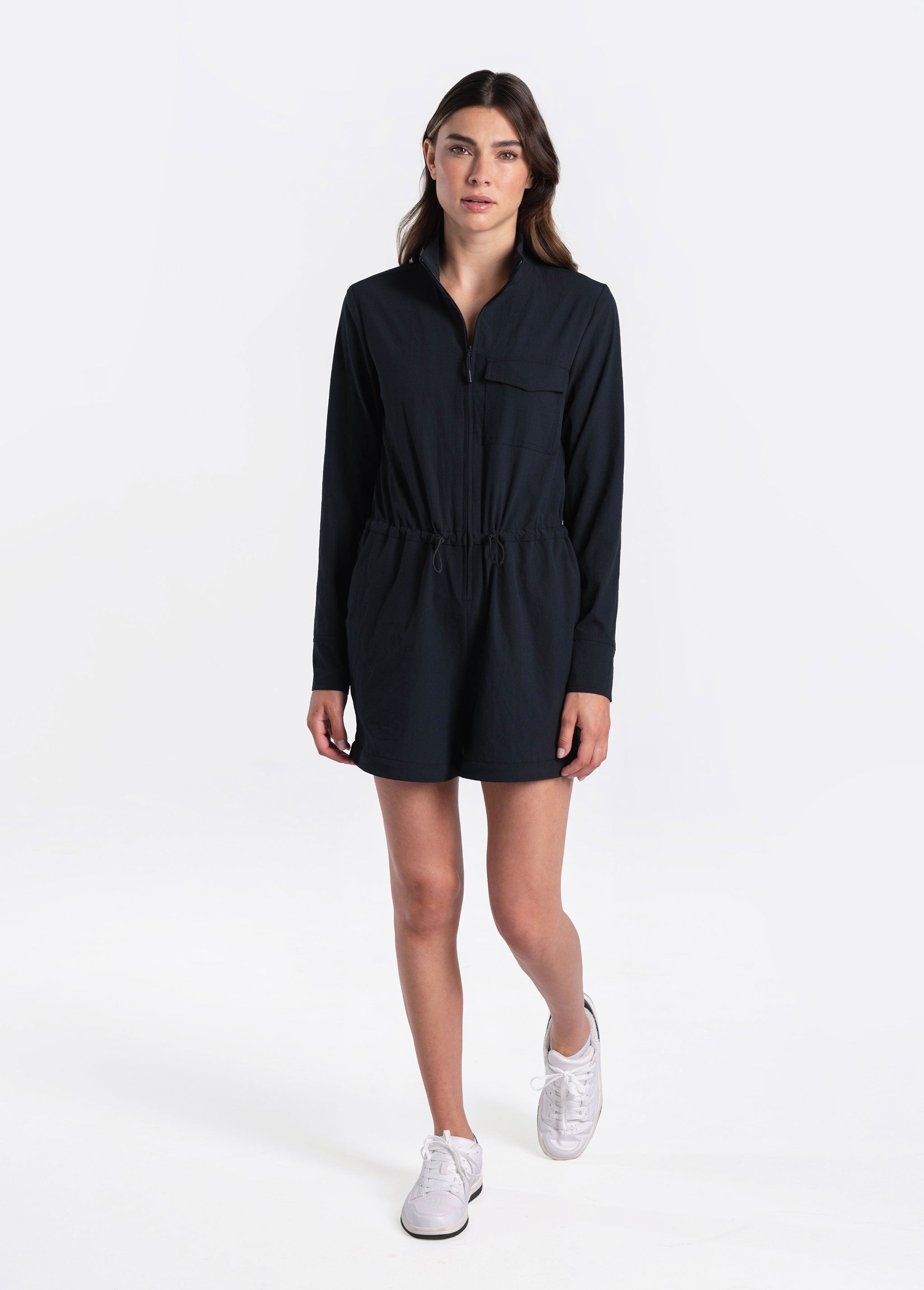 Lolë Forillon Jumpsuit in black — the Forillon long sleeve Jumpsuit is the ultimate packing piece