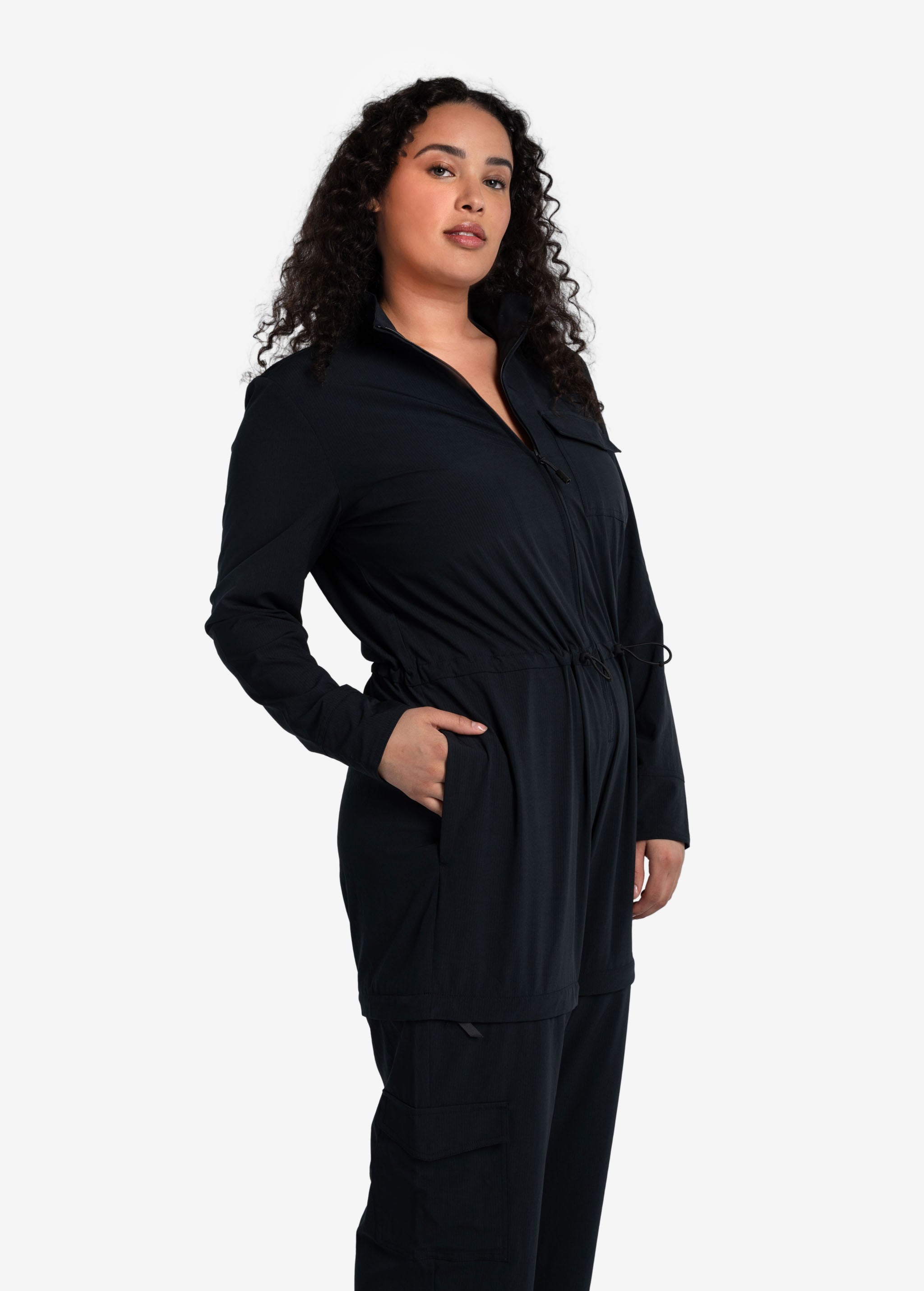 Lolë Forillon Jumpsuit in black — the Forillon long sleeve Jumpsuit is the ultimate packing piece
