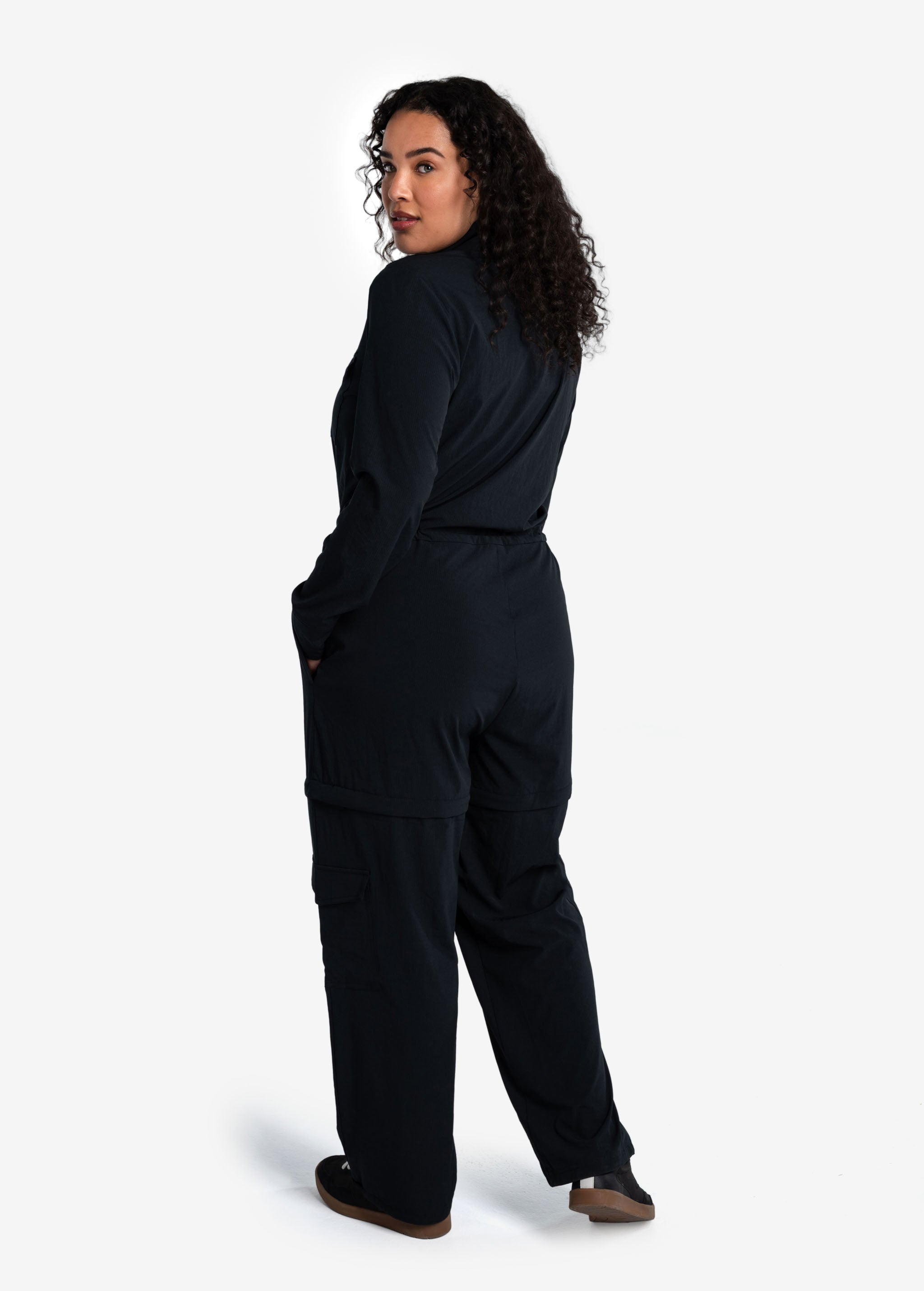 Lolë Forillon Jumpsuit in black — the Forillon long sleeve Jumpsuit is the ultimate packing piece