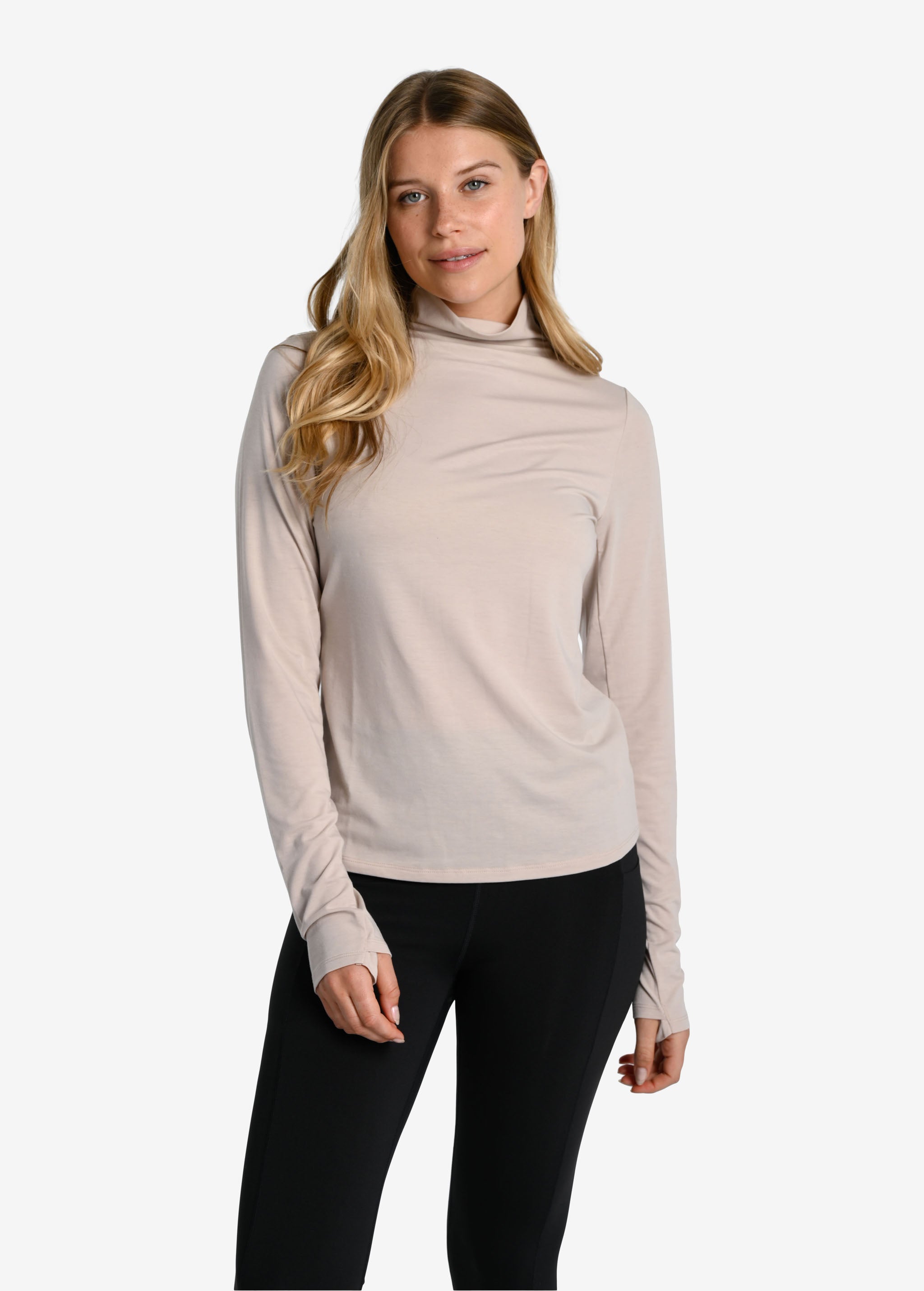 Lolë Performance Wool Moisture-Wicking Turtleneck in Abalone pale greige