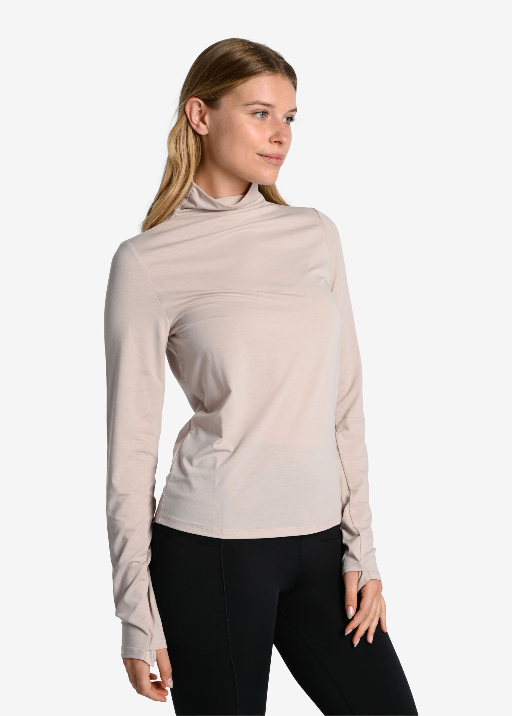 Lolë Performance Wool Moisture-Wicking Turtleneck in Abalone pale greige