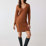 v neck sweater dress V-Neck Dropped Shoulder Dark Gray / S Tumble dry low Cotton V-Neck Mini Sweater Dress