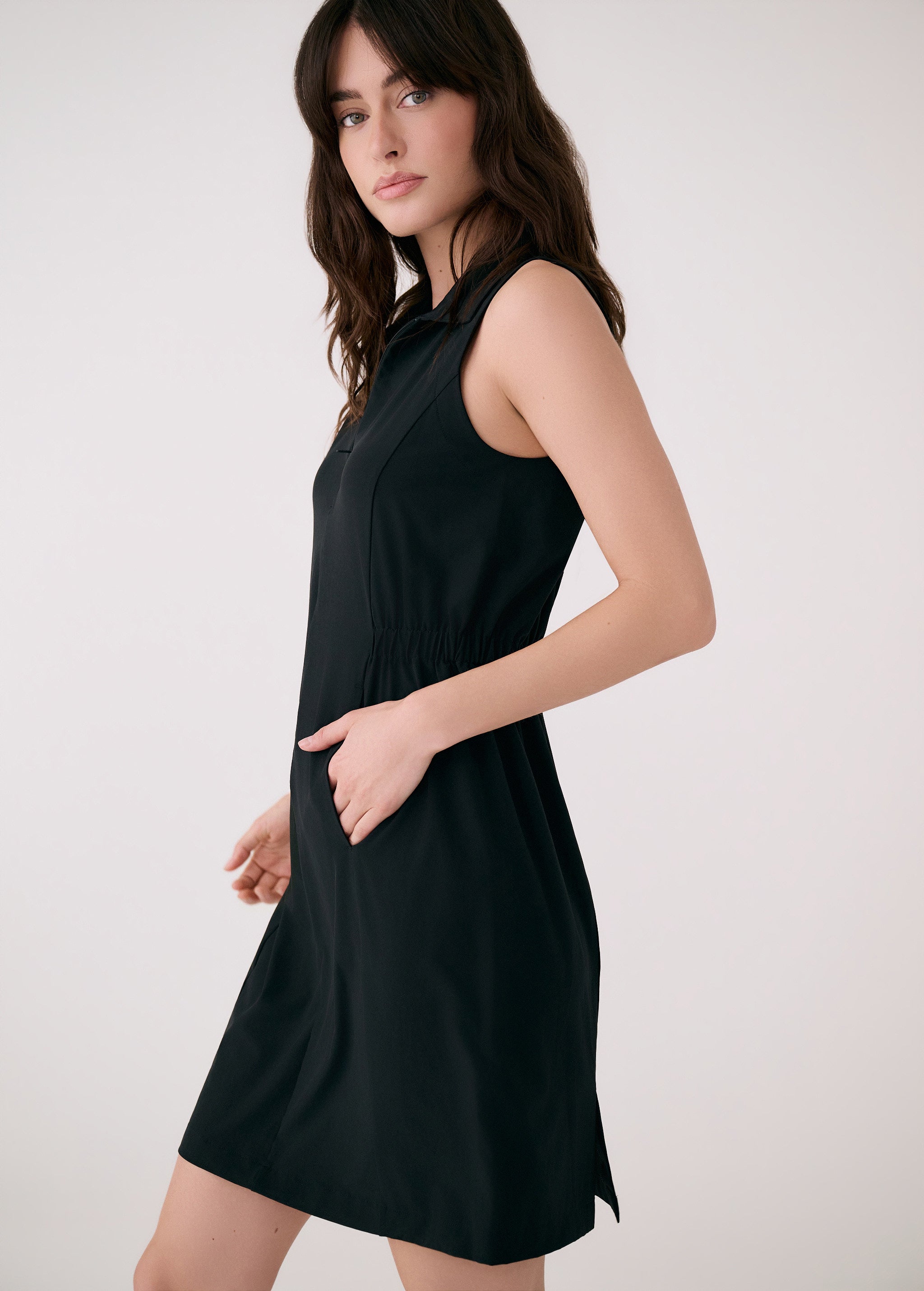 Lolë Olivie Shirt Dress in black — a sporty take on a classic shirt dress