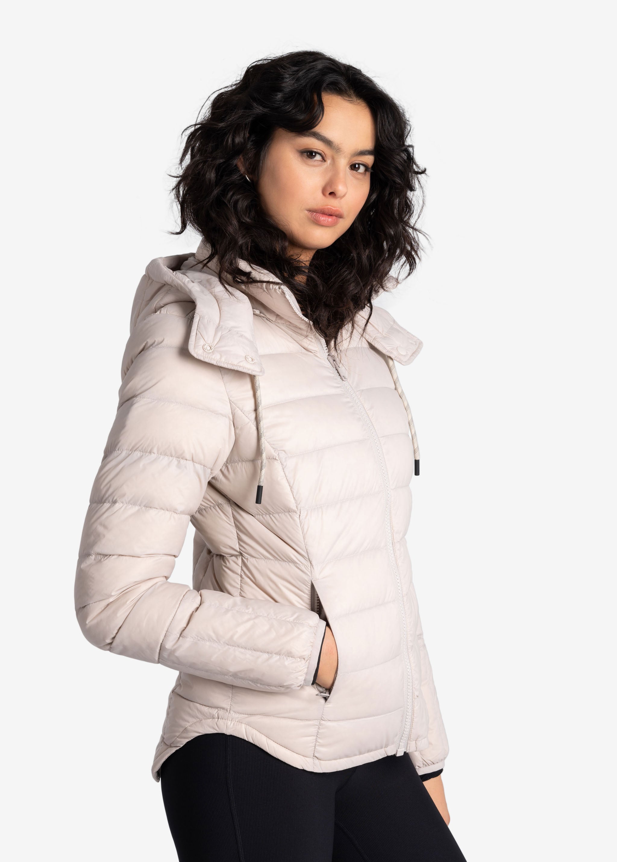 Lolë Emeline Down Jacket in Abalone pale greige — embrace the outdoors in style and comfort with the Emeline Down Jacket