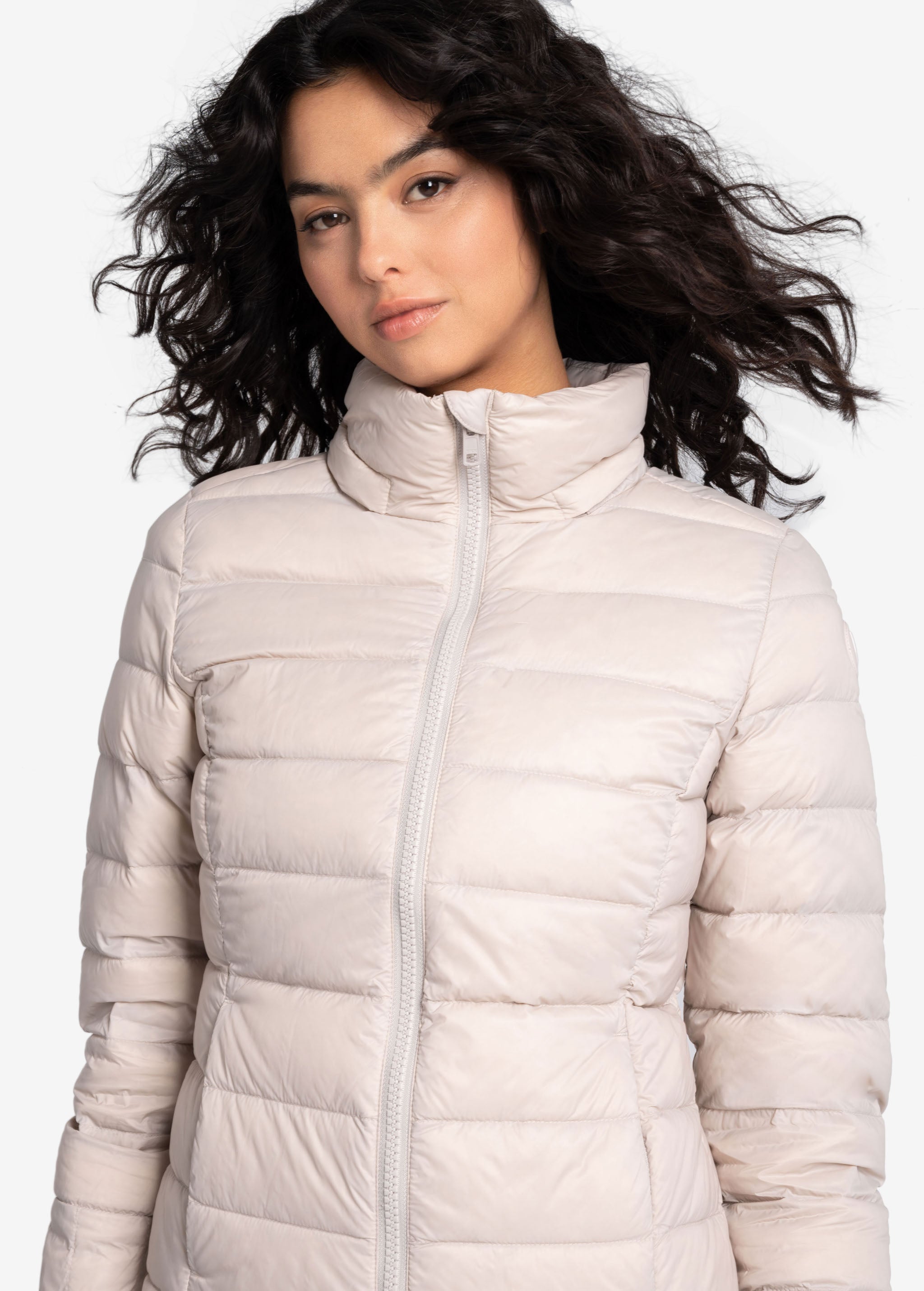 Lolë Emeline Down Jacket in Abalone pale greige — embrace the outdoors in style and comfort with the Emeline Down Jacket