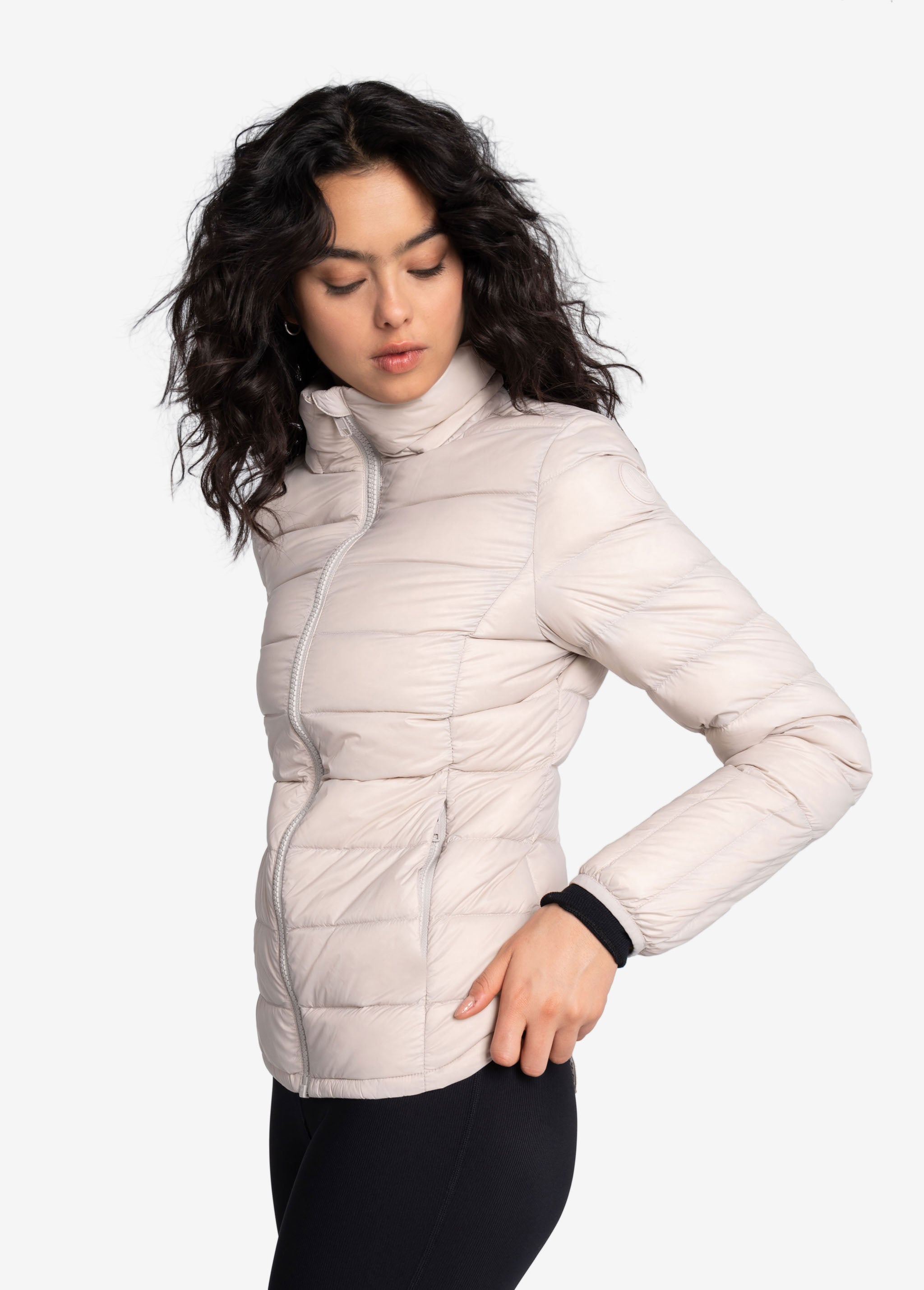 Lolë Emeline Down Jacket in Abalone pale greige — embrace the outdoors in style and comfort with the Emeline Down Jacket
