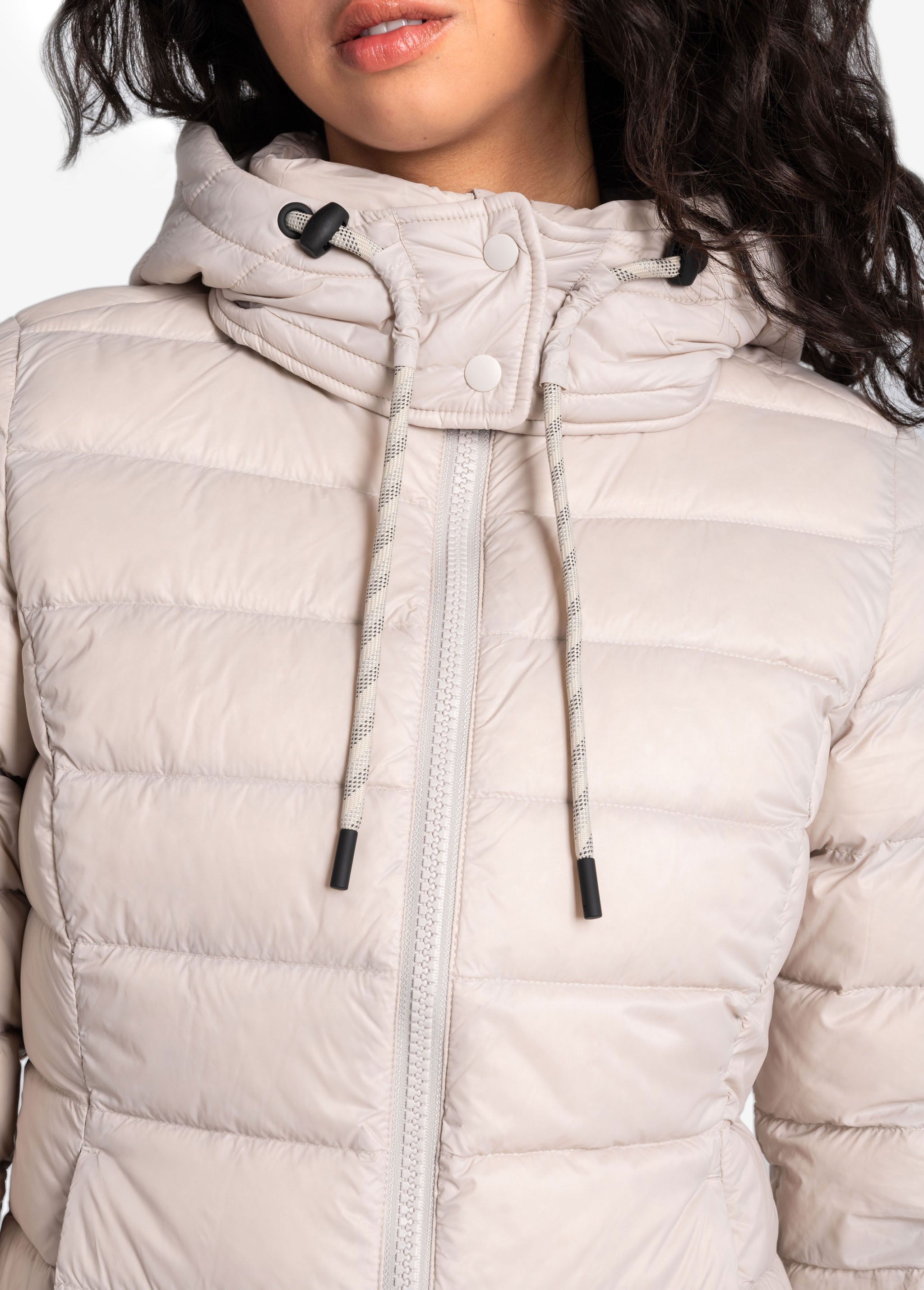 Lolë Emeline Down Jacket in Abalone pale greige — embrace the outdoors in style and comfort with the Emeline Down Jacket