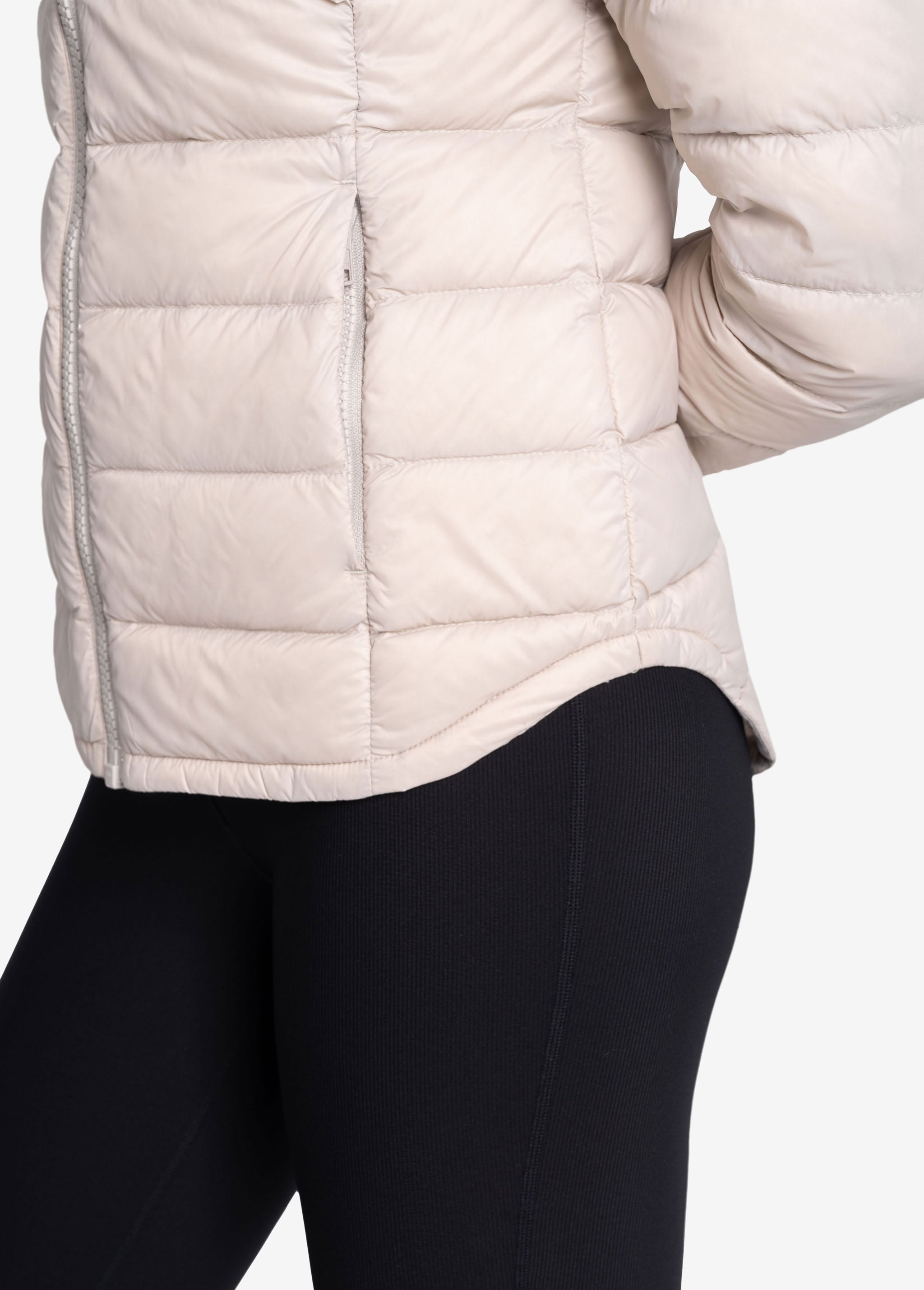 Lolë Emeline Down Jacket in Abalone pale greige — embrace the outdoors in style and comfort with the Emeline Down Jacket