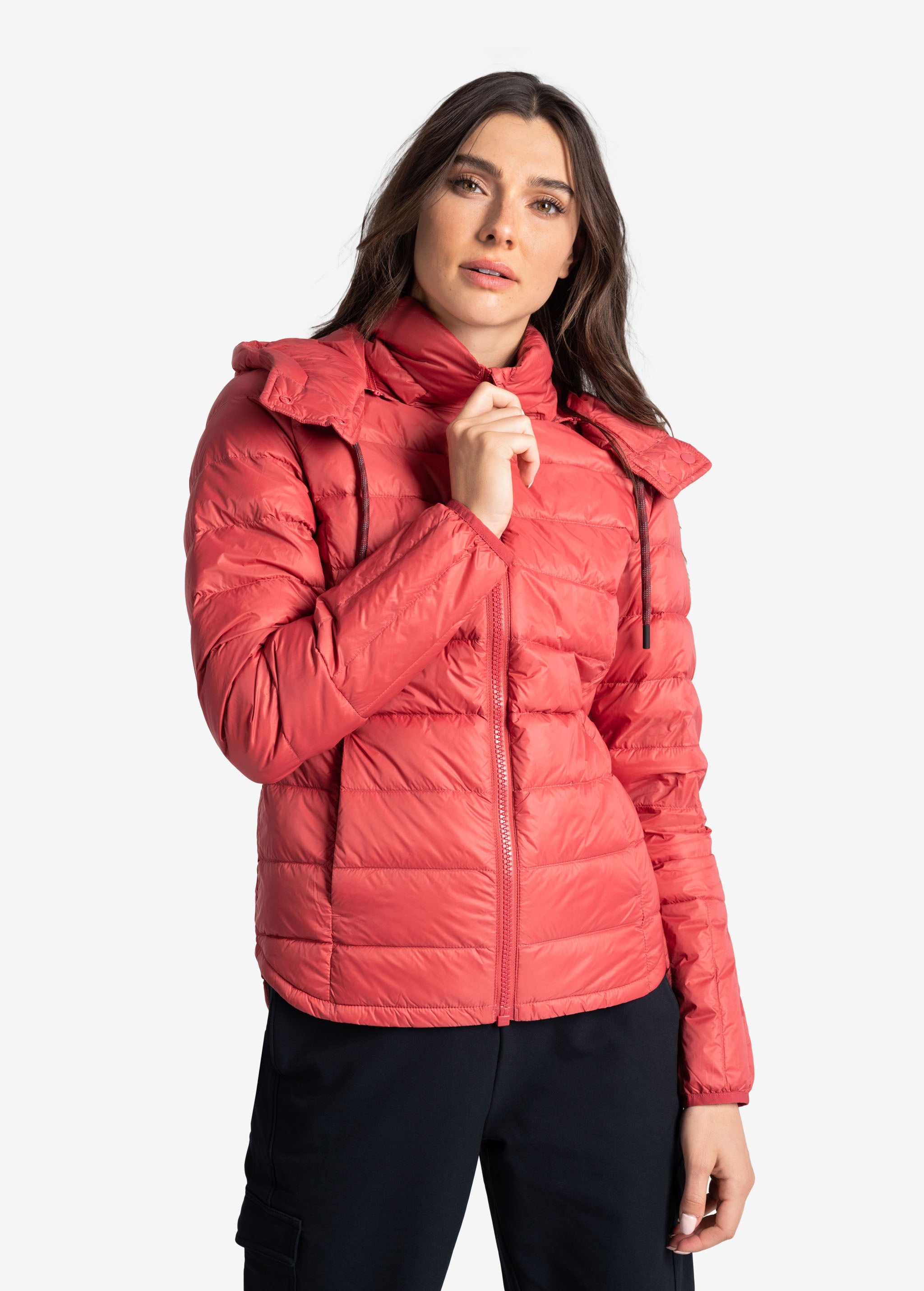 Lolë Emeline Down Jacket in Cerise coral — embrace the outdoors in style and comfort with the Emeline Down Jacket
