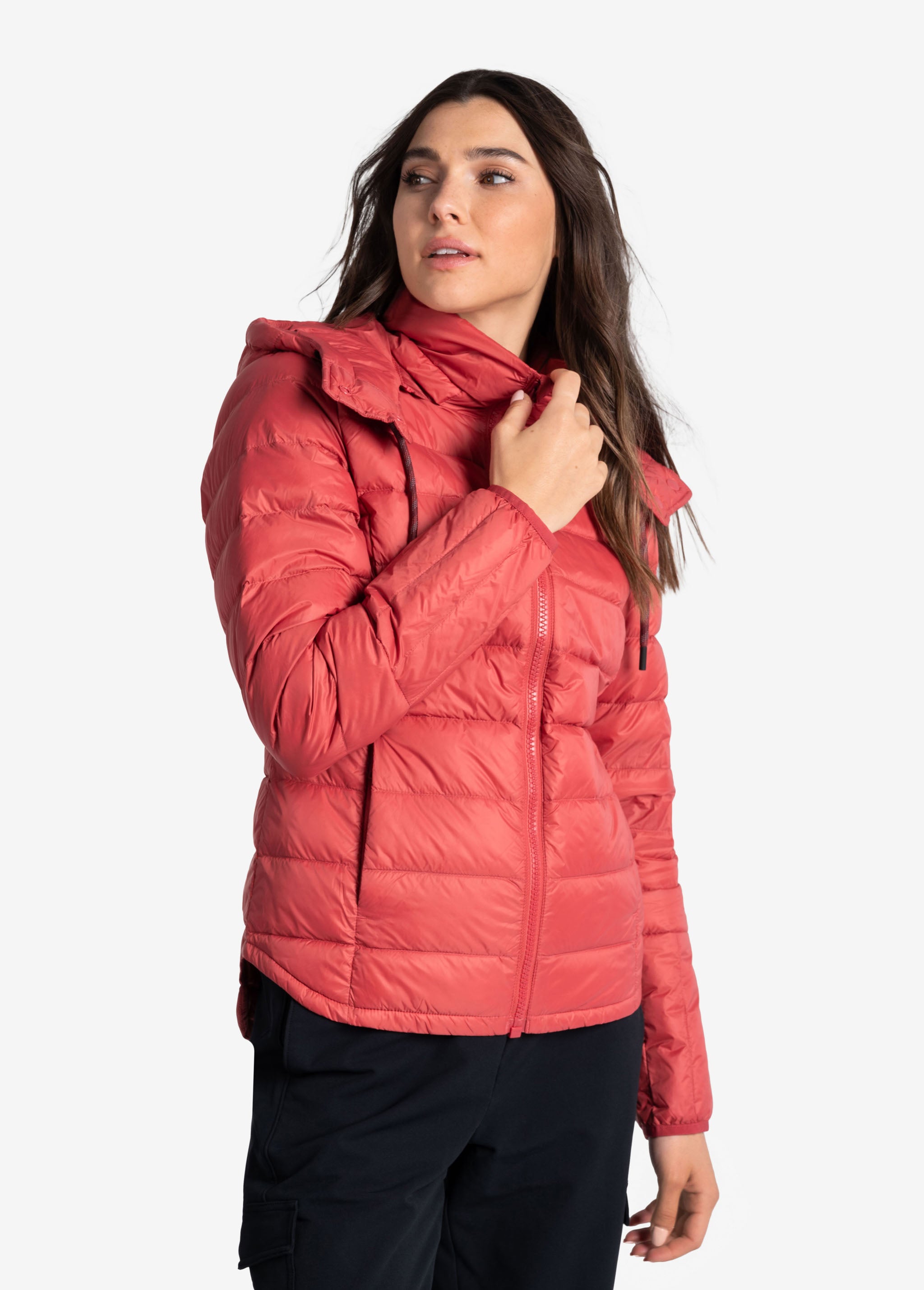 Lolë Emeline Down Jacket in Cerise coral — embrace the outdoors in style and comfort with the Emeline Down Jacket