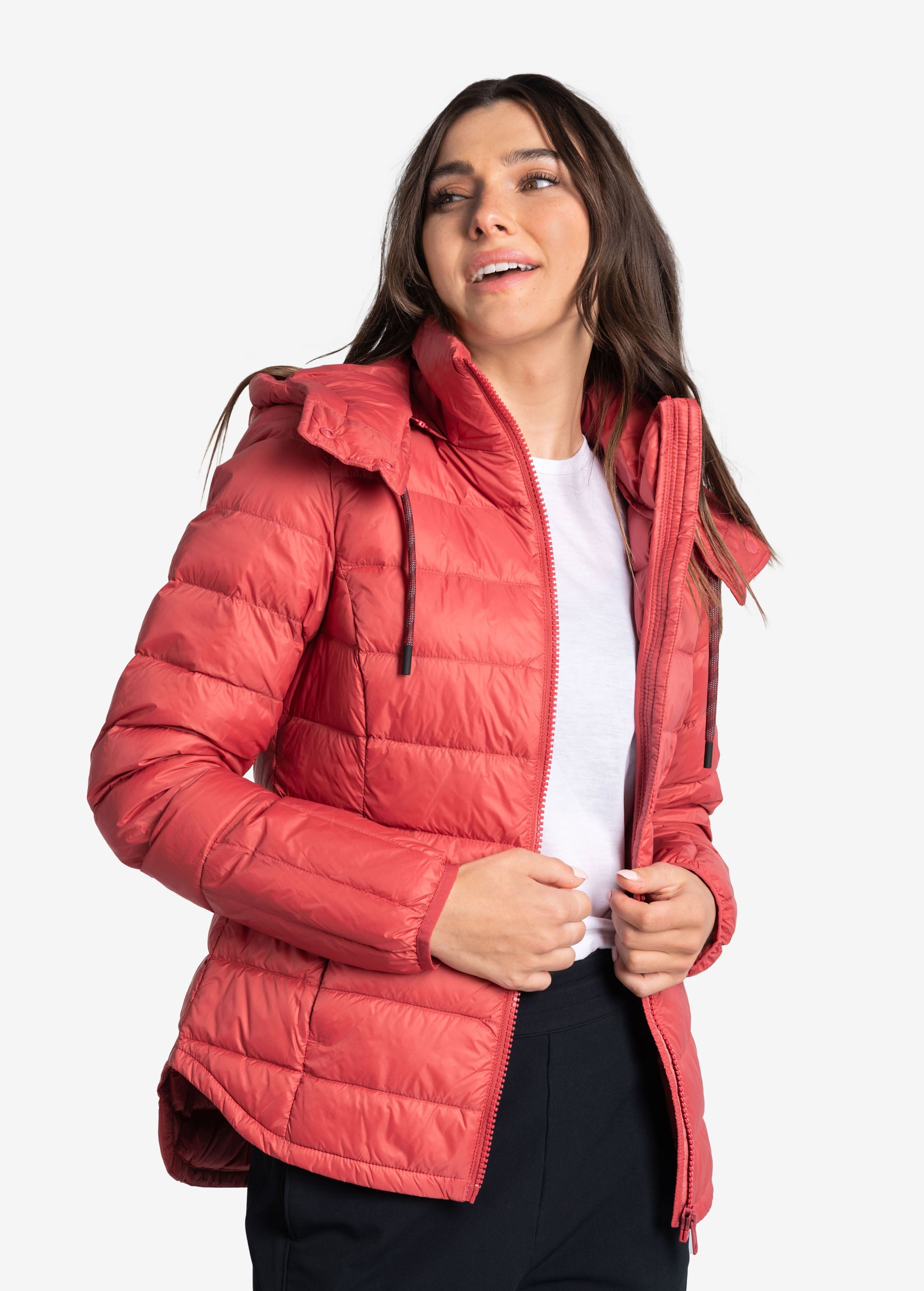 Lolë Emeline Down Jacket in Cerise coral — embrace the outdoors in style and comfort with the Emeline Down Jacket