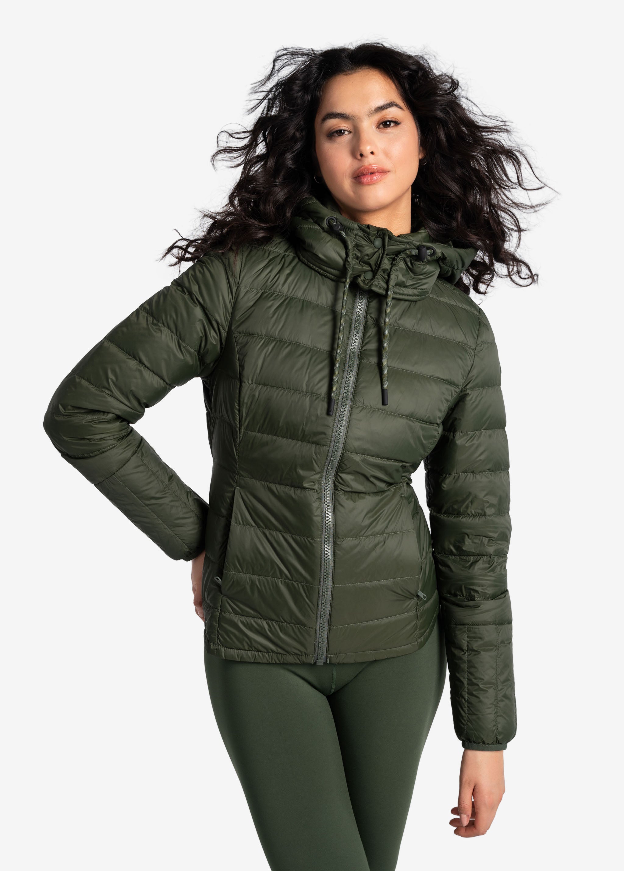 Lolë Emeline Down Jacket in Kombu olive green — embrace the outdoors in style and comfort with the Emeline Down Jacket