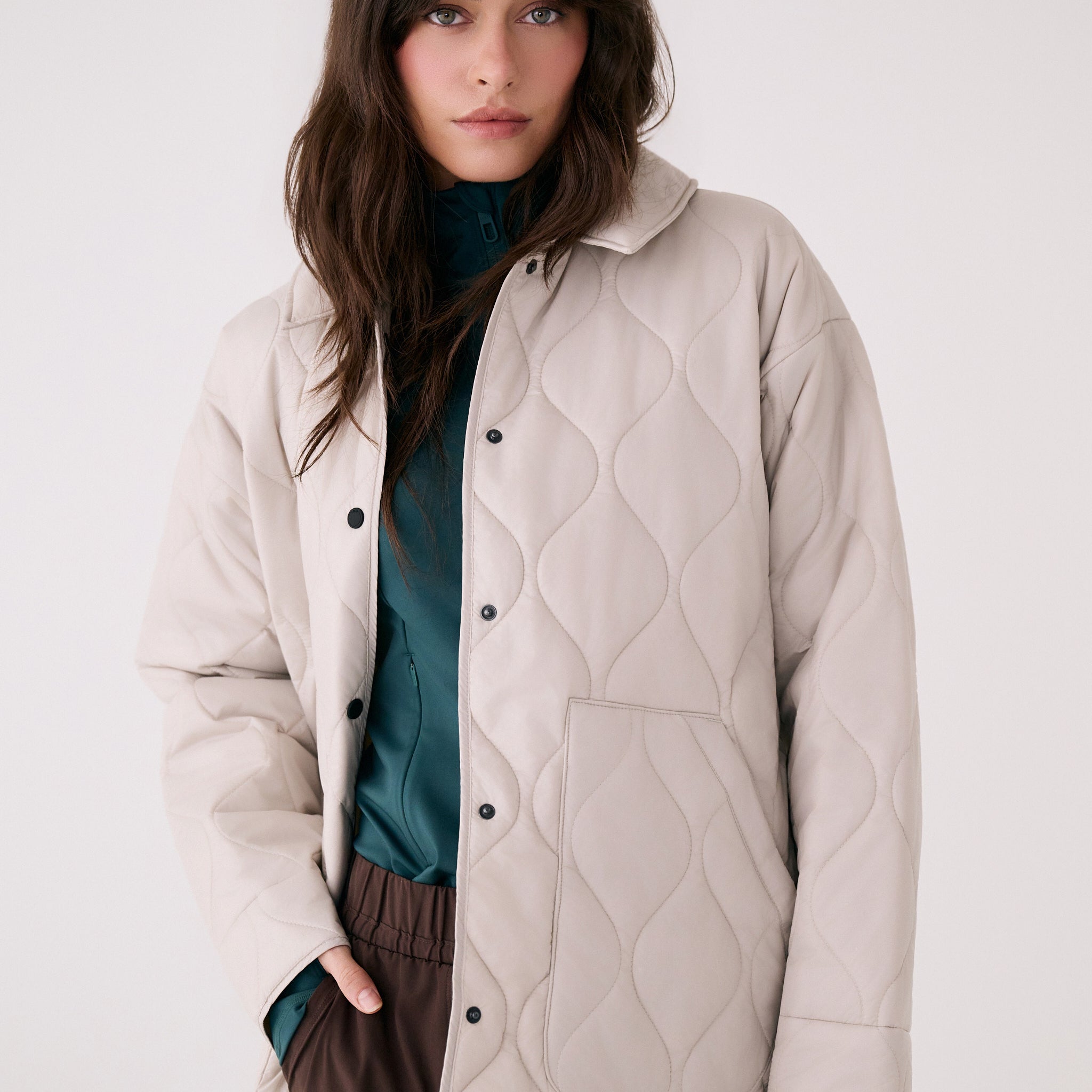 Lolë The Shacket Insulated Jacket in Abalone pale greige — part shirt, part jacket, the Shacket is made for transitional days