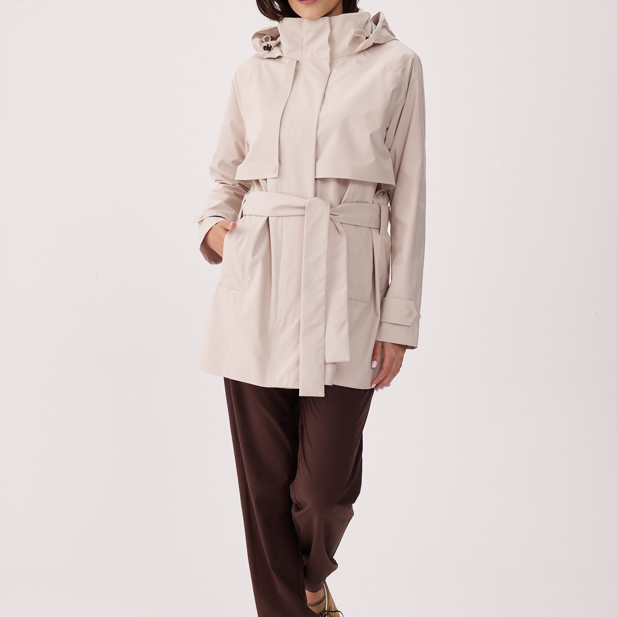 Lolë Alizé Short Trench Coat in Abalone pale greige — fit note: Cut with a relaxed fit for comfortable layering