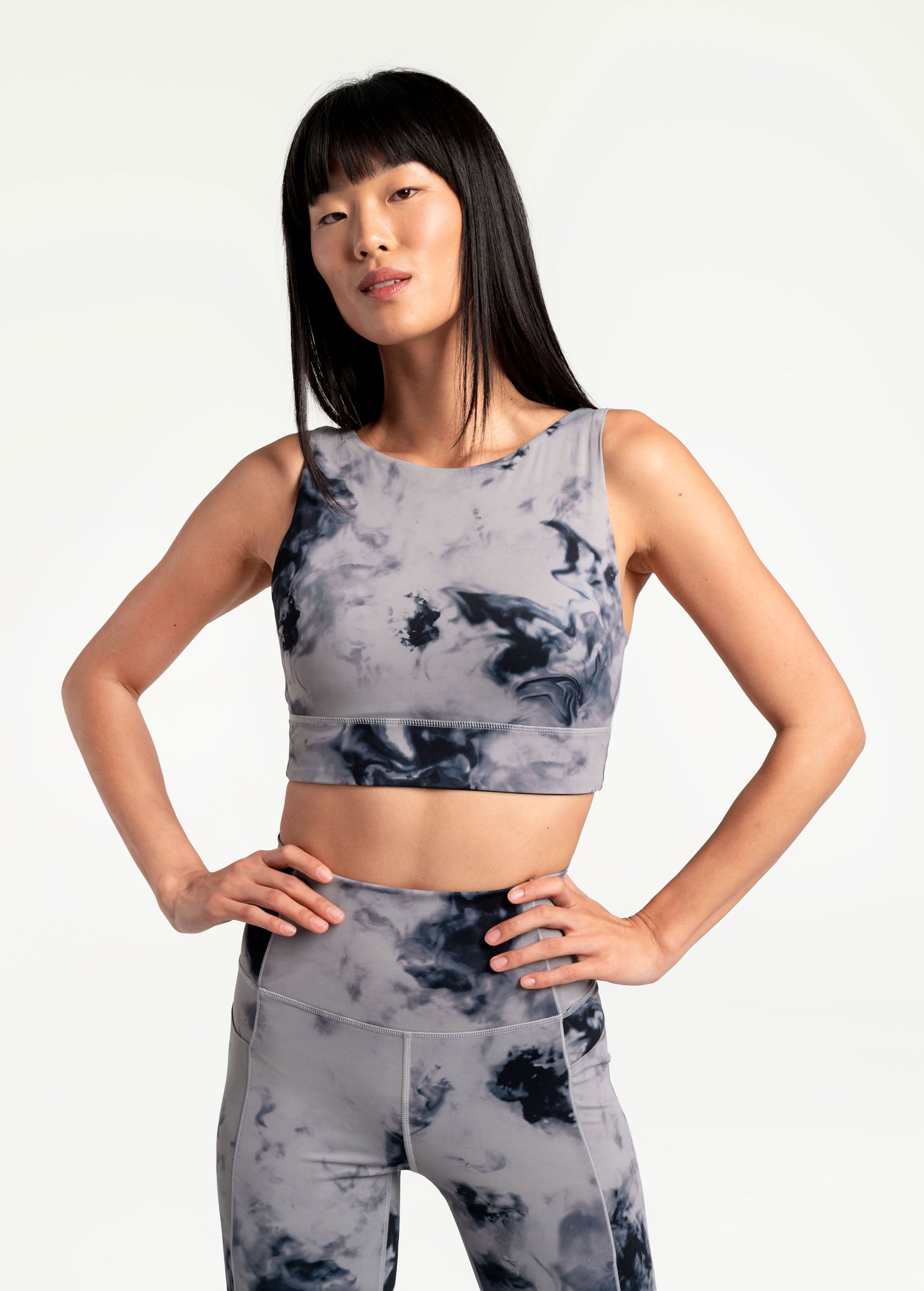 Lolë Step Up Bra in grey watercolour print — this high-support longline sports bra sets you in motion