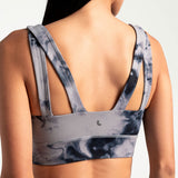 Lolë Step Up Bra in grey watercolour print — this high-support longline sports bra sets you in motion