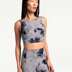 Lolë Step Up Bra in grey watercolour print — this high-support longline sports bra sets you in motion