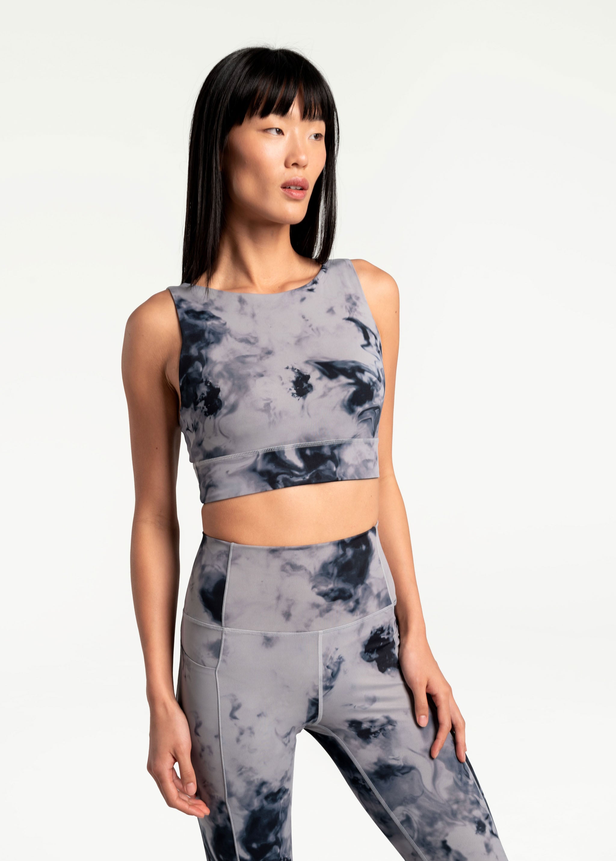 Lolë Step Up Bra in grey watercolour print — this high-support longline sports bra sets you in motion