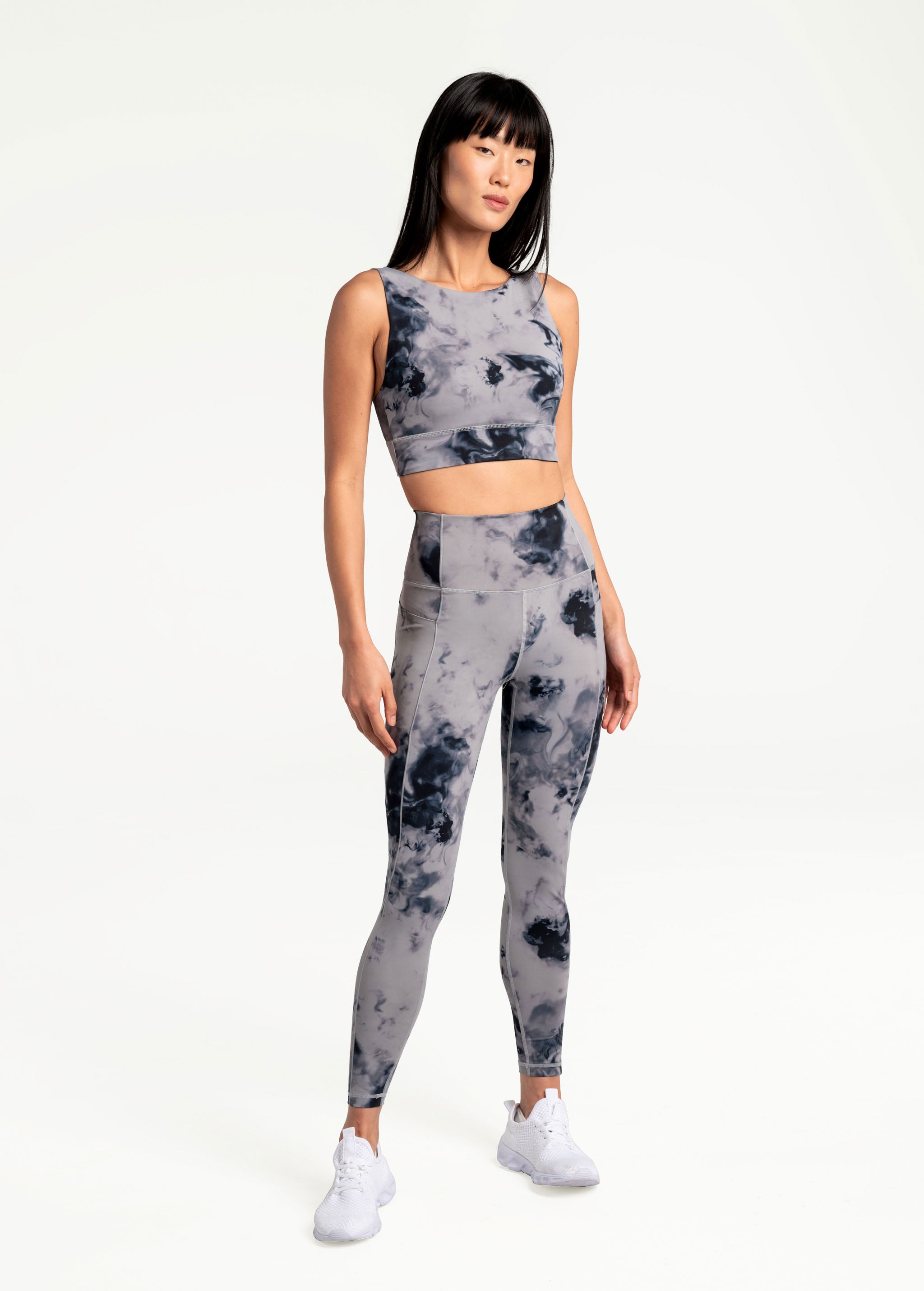 Lolë Step Up Bra in grey watercolour print — this high-support longline sports bra sets you in motion